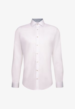 White long-sleeve dress shirt with pearl buttons and a structured collar with grey patterned inner lining.