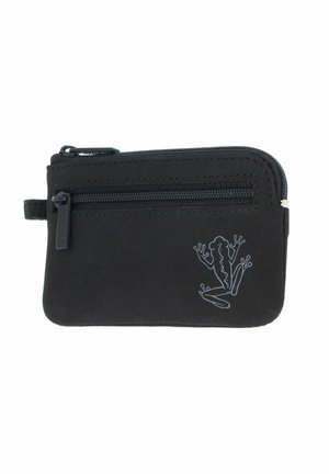 Small black zippered pouch with a front zipper pocket and a reflective frog design on the lower right corner.