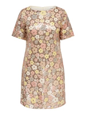 Kortærmet, knælængde kjole med rund halsudskæring, dækket af mønster med blomster-sequins i pastelrosa, gul og beige.