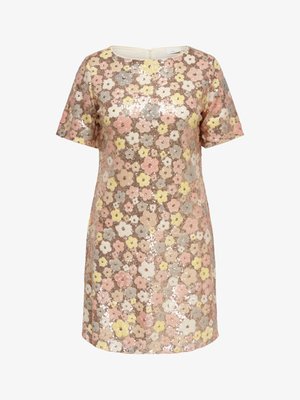 Korte mouwen, knielange jurk met ronde hals, bedekt met een pastelroze, gele en beige bloemenpaillettenpatroon.