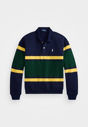 Pitkähihaisessa polo-paidassa on siniset, vihreät ja keltaiset vaakasuorat raidat, kaksinappinen kaulus ja valkoinen kirjailtu logo rinnassa.