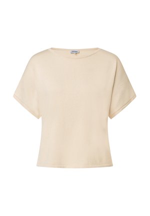 Helles beige, kurzärmeliges Oberteil mit rundem Ausschnitt, lässiger Form und weichem, strukturiertem Stoff. Verfügt über minimale Nähdetails.