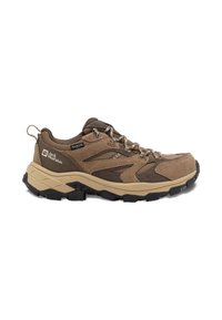 Chaussure de randonnée Jack Wolfskin marron et beige avec une semelle noire épaisse, tige en daim et mesh, et lacets à motifs.