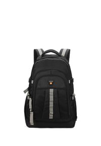 Zaino nero realizzato in tessuto resistente, dotato di due tasche frontali, spallacci grigi e una maniglia superiore. Logo del marchio discreto al centro.