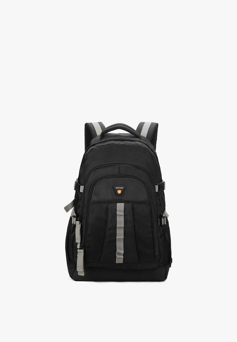 Sac à dos noir en tissu résistant, avec deux poches avant, des bretelles grises et une poignée supérieure. Logo de marque discret au centre.