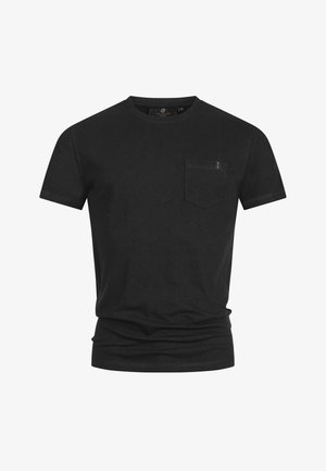 Maglietta nera a maniche corte in cotone, con una tasca sul petto, scollatura rotonda e vestibilità classica. Senza motivi né grafiche.