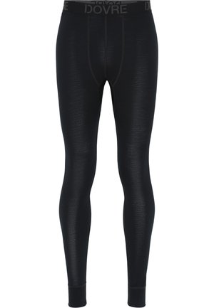 Sorte leggings lavet af glat stof, med en bred talje med "DOVRE" logo og tætsiddende manchetter ved anklerne. Enkel, elegant design.