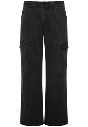 Zwarte cargo pants van denim met een losse pasvorm, voorzien van zijzakken, een knoopsluiting en zichtbare stikdetails.
