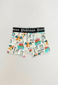 Boxershorts med hvidt stof og farverige Pokémon-figurer samt sætninger som "Gotta catch 'em all!" Sort elastisk talje.