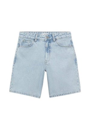 Short en denim bleu clair avec poches avant, passants de ceinture et fermeture par bouton, présenté sur fond blanc.