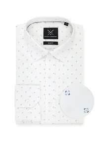 Biała slim fit koszula z małymi niebieskimi wzorami, z kołnierzykiem zapinanym na guziki i mankietami z jednym guzikiem. Zawiera próbkę materiału w tym samym kolorze.