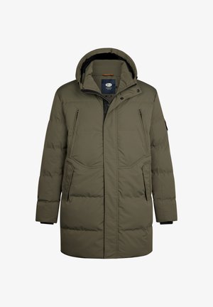 Padded parka in olive green with a zip front, hood, and two side pockets. Features a quilted texture and adjustable cuffs.