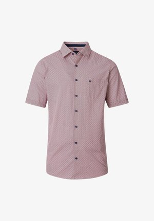 Kortærmet skjorte med knapper, der har et rødt og blåt geometrisk mønster, krave-design og en brystlomme med et lille logo.