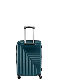 Valigia rigida di colore teal, caratterizzata da un design rigato, manico estraibile argento e quattro ruote smooth per la mobilità.