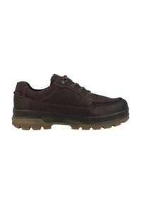 Braune Lederschuhe mit runder Zehenpartie, Gummisohle und strukturierten Akzenten. Verfügt über fünf Ösen für die Schnürsenkel und ein gesticktes Designdetail.