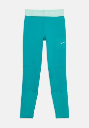 Tirkizne Nike Pro tajice sa svijetlozelenom trakom u struku i bijelim Nike logom na bedrima, dizajnirane za sportsku odjeću.