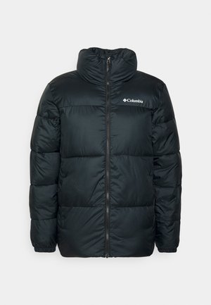 Black puffer jacket with a high collar, zip closure, and quilted sections. Features elastic cuffs and a small logo on the chest.