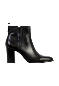 Stivaletto in pelle nera con punta affusolata, superficie liscia, taglio laterale e tacco robusto. Presenta un tirante sul retro per facilitare l'indossamento.