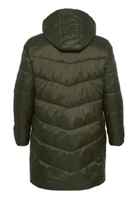 Dunkelgrüne gesteppte Pufferjacke mit Kapuze, langen Ärmeln und Zickzacknahtmuster auf dem Rücken.