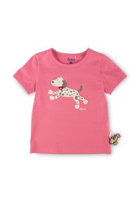 Pink cotton t-shirt with short sleeves, featuring a playful, jumping dog graphic on the front and a small dog tag accent on the side.