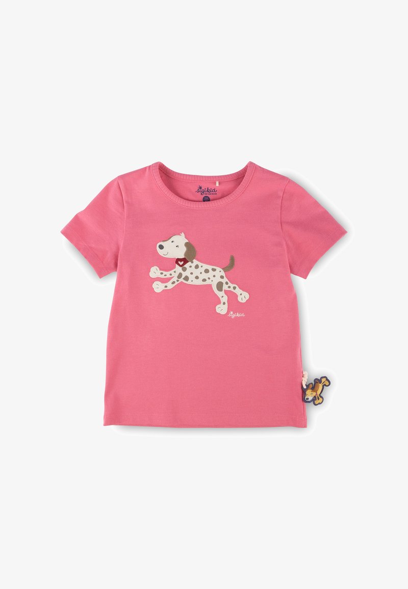 Pink cotton t-shirt with short sleeves, featuring a playful, jumping dog graphic on the front and a small dog tag accent on the side.