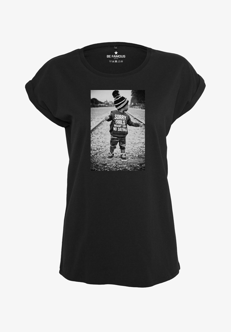 Black t-shirt with rolled sleeves featuring a central monochrome graphic of a child in a striped hat, text "SORRY GIRLS MOMMY SAY NO DATING."