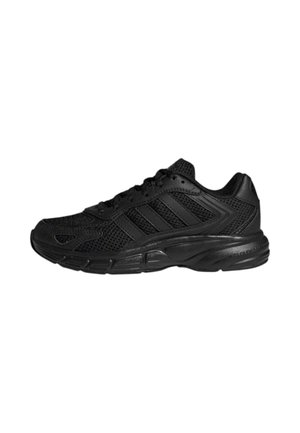 Sneaker atletica nera in tessuto mesh, chiusura con lacci, colletto imbottito e suola ammortizzata progettata per la corsa o per un utilizzo casual.