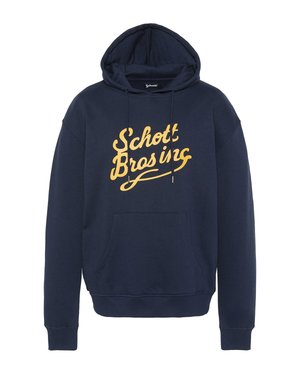 Hoodie bleu marine avec poche avant et inscription jaune "Schott Bros inc" sur la poitrine, équipé d'une capuche à cordon de serrage ajustable.