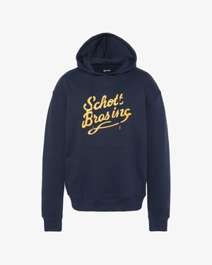 Sudadera de color azul marino con bolsillo frontal y el script amarillo "Schott Bros inc" en el pecho, con capucha ajustable con cordón.