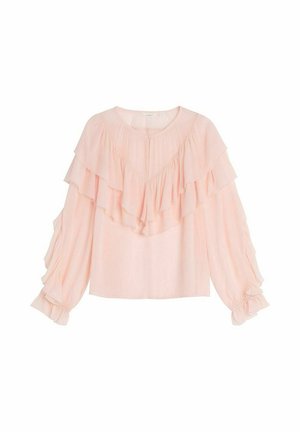 Rosa blus med lager på lager-volanger längs framsidan och ärmarna, tillverkad av ett lätt tyg med rund halsringning och elastiska ärmslut.