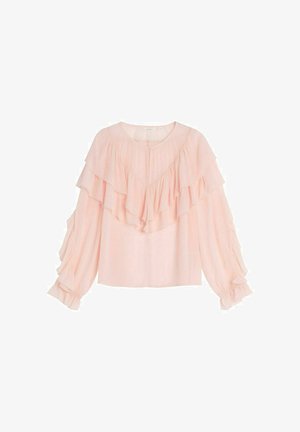 Roze blouse met gelaagde ruffles aan de voorkant en mouwen, gemaakt van een lichtgewicht stof met een ronde halslijn en elastische manchetten.