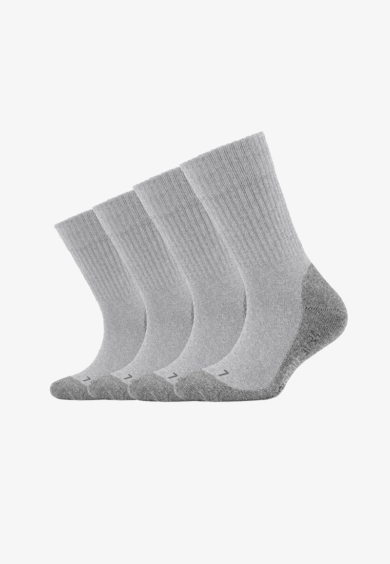 Graue Crew-Socken im Pack zu vier. Rippendesign am Oberteil, verstärkte Ferse und Zehen, strukturierter Stoff und dezent kontrastierende Akzente.