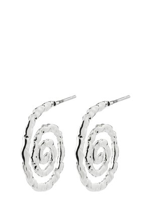 Pair of silver twisted spiral hoop earrings with textured surface and post back closures.