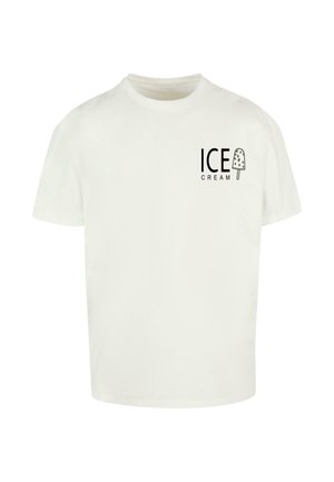 T-shirt en coton blanc avec une impression graphique noire portant le mot "ICE" au-dessus et "CREAM" en dessous, accompagné d'une illustration de crème glacée.