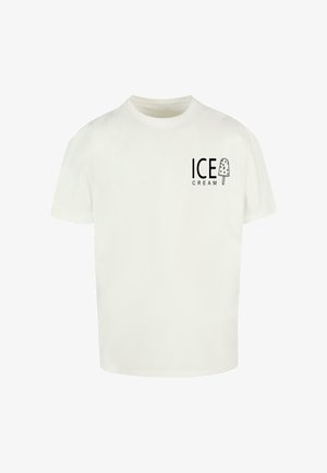 T-shirt en coton blanc avec une impression graphique noire portant le mot "ICE" au-dessus et "CREAM" en dessous, accompagné d'une illustration de crème glacée.