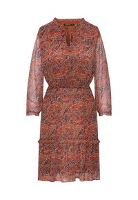 Pitkähihaista, paisley-kuvioista mekkoa, jossa on avainreikän kaulus, joustava vyötärö ja kaksikerroksinen röyhelöhelma punaisen ja ruskean sävyissä.