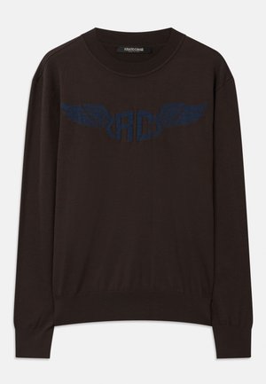 Dark brown long-sleeve sweater with ribbed cuffs and hem, featuring a navy blue winged "RC" logo on the chest and a round neckline.