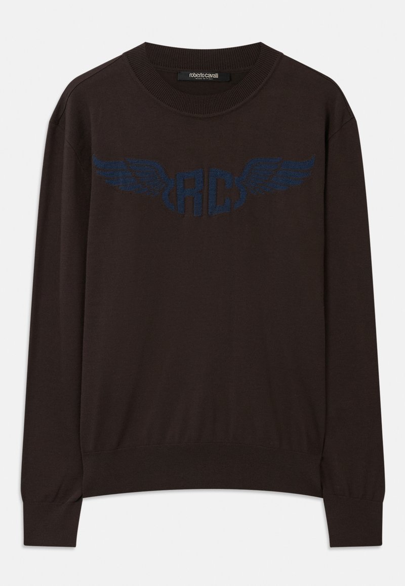 Pull en maille marron foncé à manches longues avec des bords-côtes aux poignets et à l'ourlet, arborant un logo "RC" bleu marine à ailes sur la poitrine et un col rond.