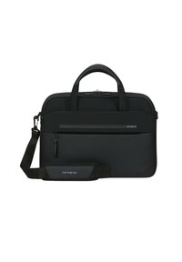 Black Samsonite laptop bag with dual handles, adjustable shoulder strap, front zipper pocket, and smooth texture. Compact rectangular design.