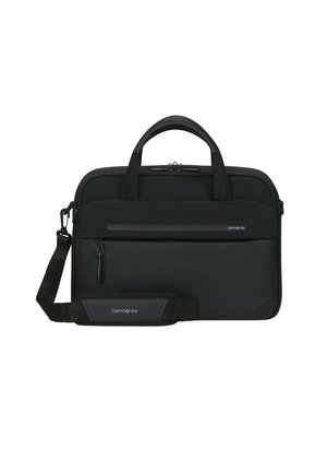 Schwarze Samsonite-Laptoptasche mit doppelten Traggriffen, verstellbarem Schultergurt, Reißverschlussvorderfach und glatter Textur. Kompaktes rechteckiges Design.