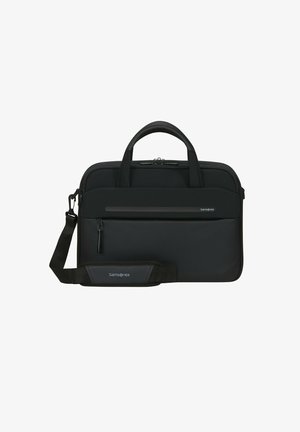 Black Samsonite laptop bag with dual handles, adjustable shoulder strap, front zipper pocket, and smooth texture. Compact rectangular design.
