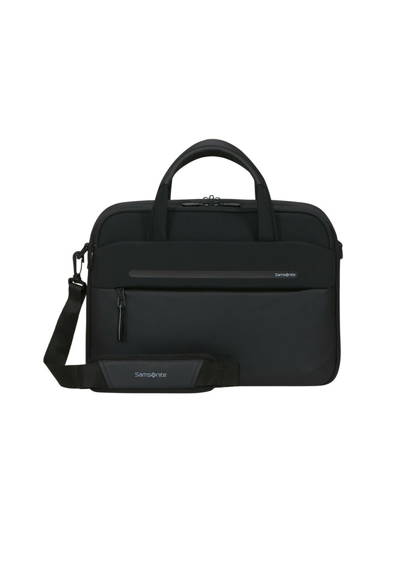 Black Samsonite laptop bag with dual handles, adjustable shoulder strap, front zipper pocket, and smooth texture. Compact rectangular design.