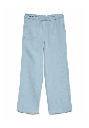 Pantalon ample bleu clair texturé avec taille élastique et jambes larges, présenté à plat sur fond blanc.
