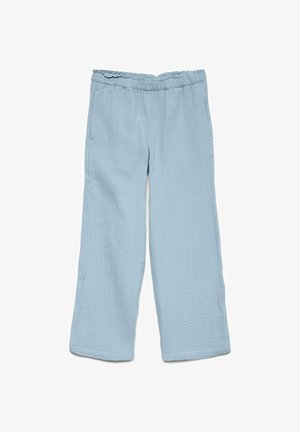 Pantaloni largi de culoare albastru deschis, cu textură, talie elastică și picioare largi, afișați întinși pe fundal alb.