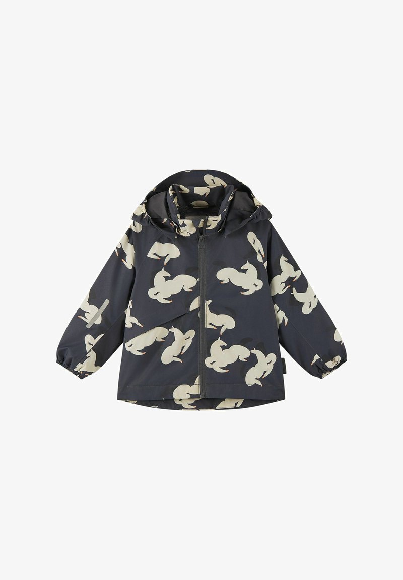 Veste de pluie bleu marine foncé avec un motif abstrait ludique de couleur claire, équipée d'une fermeture éclair, d'une capuche et de poignets élastiques pour un ajustement sécurisé.