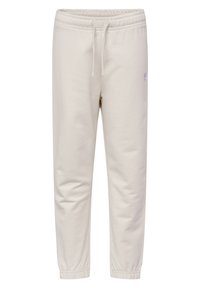 Ljust beige sweatpants med elastiskt midjeband och snörning, med lila logodetalj. Mjuk tyg och avsmalnande anklar.