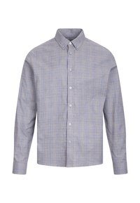 Lyseblå skjorte med knappelukking og rutemønster, lange ermer, mykt stoff og standard krage; har seks knapper foran.