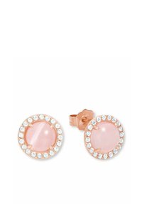 Pendientes de stud en oro rosa que presentan centros de piedras rosas redondas rodeadas por un círculo de cristales transparentes, creando un diseño delicado y texturizado.