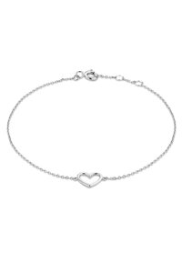 Zilveren schakelarmband met een open hartvormige hanger, voorzien van een karabijnsluiting en een delicate, gestructureerde uitstraling door het hele ontwerp.