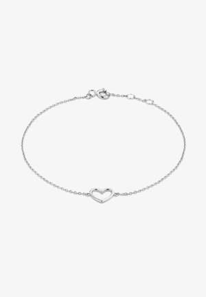 Zilveren schakelarmband met een open hartvormige hanger, voorzien van een karabijnsluiting en een delicate, gestructureerde uitstraling door het hele ontwerp.